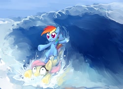 Size: 2200x1600 | Tagged: safe, artist:vapgames, character:fluttershy, character:rainbow dash, ocean, ponies riding ponies, pony on pony surfing, surfboard, surfing, wat, water, wave