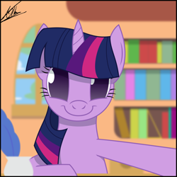 Size: 1080x1080 | Tagged: safe, artist:thedeseasedcow, character:twilight sparkle, species:pony, bookshelf, female, looking at you, mare, quill, selfie, smiling, solo, window