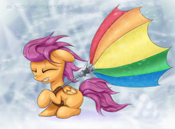 Size: 2252x1660 | Tagged: safe, artist:el42, artist:eltaile, artist:xn-d, character:scootaloo, blizzard, female, snow, snowfall, solo, umbrella