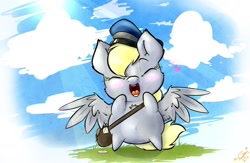 Size: 2000x1300 | Tagged: safe, artist:angelwing314, character:derpy hooves, species:pegasus, species:pony, chibi, clothing, cute, derpabetes, female, hat, mail, mare, solo