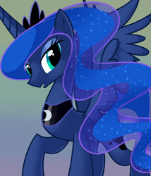 Size: 3000x3500 | Tagged: safe, artist:aaplepieeru, character:princess luna, species:alicorn, species:pony, female, gradient background, jewelry, looking at you, mare, open mouth, raised hoof, regalia, solo, standing