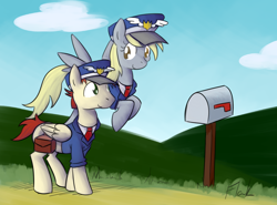 Size: 1252x927 | Tagged: safe, artist:flak, artist:php131, character:derpy hooves, species:pegasus, species:pony, care package, clothing, collaboration, female, mare, special delivery, underp, uniform