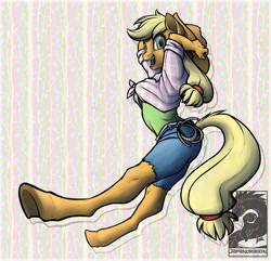 Size: 911x877 | Tagged: safe, artist:chubby-kirin, character:applejack, species:anthro, species:earth pony, species:pony, species:unguligrade anthro, applejack's hat, clothing, cowboy hat, female, hat, hooves, solo, stetson, underhoof