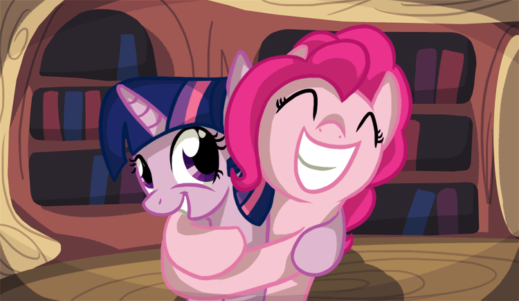 Size: 750x435 | Tagged: safe, artist:twodeepony, character:pinkie pie, character:twilight sparkle, animated, female, hug