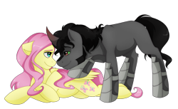 Size: 4200x2574 | Tagged: safe, artist:llacky, character:fluttershy, character:king sombra, species:pegasus, species:pony, species:unicorn, ship:sombrashy, armor, colored horn, curved horn, female, horn, looking at each other, lying down, male, mare, shipping, simple background, sombra horn, stallion, straight, transparent background