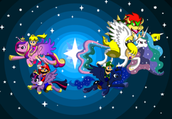 Size: 2302x1592 | Tagged: safe, artist:koopa-master, character:princess cadance, character:princess celestia, character:princess luna, character:twilight sparkle, character:twilight sparkle (alicorn), species:alicorn, species:pony, big crown thingy, bowser, crossover, female, flying, luigi, mare, mario, nintendo, princess peach, riding, space, stars, super mario bros., video game