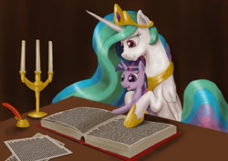 Size: 1023x723 | Tagged: safe, artist:steamroller988, character:princess celestia, character:twilight sparkle, species:alicorn, species:pony, species:unicorn, g4, book, candle, female, filly, foal, happy, inkwell, mare, momlestia, quill, reading