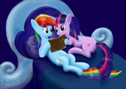 Size: 2046x1446 | Tagged: safe, artist:steamroller988, character:rainbow dash, character:twilight sparkle, species:pegasus, species:pony, species:unicorn, ship:twidash, g4, bed, book, female, happy, lesbian, mare, on back, prone, reading, shipping
