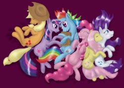Size: 1023x723 | Tagged: safe, artist:steamroller988, character:applejack, character:fluttershy, character:pinkie pie, character:rainbow dash, character:rarity, character:twilight sparkle, species:earth pony, species:pegasus, species:pony, species:unicorn, ship:omniship, ship:rarishy, ship:twidash, g4, book, cuddle puddle, female, happy, lesbian, mane six, mare, on back, on side, polyamory, shipping