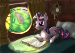 Size: 1023x723 | Tagged: safe, artist:steamroller988, character:twilight sparkle, species:pony, species:unicorn, g4, bed, book, clock, cuckoo clock, female, mare, prone, solo, window