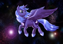 Size: 1023x723 | Tagged: safe, artist:steamroller988, character:princess luna, species:alicorn, species:pony, g4, female, flying, looking back, mare, s1 luna, solo, space, stars