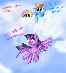 Size: 1000x1093 | Tagged: safe, artist:irigulus, character:fluttershy, character:rainbow dash, character:twilight sparkle, character:twilight sparkle (alicorn), species:alicorn, species:pegasus, species:pony, abuse, cloud, cloudy, falling, female, flapping, flying, flying fail, flying lesson, mare, open mouth, scared, screaming, training, twilybuse, wide eyes