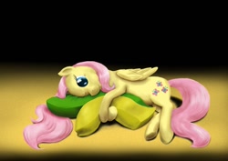 Size: 1023x723 | Tagged: safe, artist:steamroller988, character:fluttershy, species:pegasus, species:pony, female, gradient background, mare, on side, one eye closed, pillow, solo