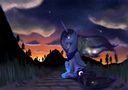 Size: 1023x723 | Tagged: safe, artist:steamroller988, character:princess luna, species:alicorn, species:pony, g4, cloud, female, mare, shooting star, sitting, solo, stars