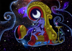Size: 1023x723 | Tagged: safe, artist:steamroller988, character:princess luna, species:alicorn, species:pony, g4, ethereal mane, eyes closed, female, mare, prone, solo, stars, throne