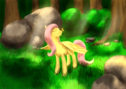 Size: 1023x723 | Tagged: safe, artist:steamroller988, character:fluttershy, species:pegasus, species:pony, g4, butterfly, crepuscular rays, eyes closed, female, happy, mare, solo, tree