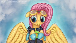 Size: 1920x1080 | Tagged: safe, artist:el42, artist:eltaile, artist:xn-d, character:fluttershy, species:pegasus, species:pony, blushing, bunny ears, clothing, cute, dangerous mission outfit, female, flutterspy, goggles, hoodie, juice, juice box, mare, smiling, solo, spy