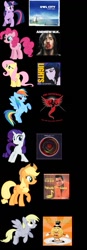 Size: 527x1515 | Tagged: safe, artist:rewirken, character:applejack, character:derpy hooves, character:fluttershy, character:pinkie pie, character:rainbow dash, character:rarity, character:twilight sparkle, species:pegasus, species:pony, andrew w.k., blood, bloody nose, do you like waffles, female, johnny cash, lights, mare, music, nose, owl city, pendulum, the offspring, waffle