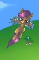 Size: 1100x1700 | Tagged: safe, artist:dzmaylon, character:apple bloom, character:applejack, character:rainbow dash, character:rarity, character:scootaloo, character:sweetie belle, artificial wings, augmented, cutie mark crusaders, flying, mechanical wing, scootaloo can fly, strapon wings, tree, vertigo, wings