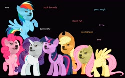 Size: 5400x3400 | Tagged: safe, artist:greyone, character:applejack, character:fluttershy, character:pinkie pie, character:rainbow dash, character:rarity, character:twilight sparkle, species:dog, absurd resolution, black background, dialogue, doge, flying, fun, looking at you, mane six, meme, not salmon, pentium iii, raised hoof, simple background, spread wings, wat, wings, wow
