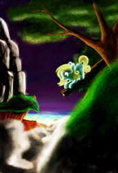 Size: 1368x2000 | Tagged: safe, artist:chaosdrop, oc, oc only, oc:morningdew, species:bird, species:earth pony, species:pony, g4, face down ass up, female, filly, flower, looking down, mountain, scenery, smiling, solo, sun, tree