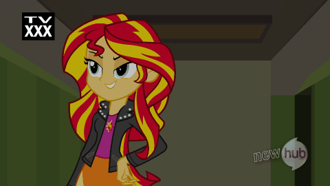 Size: 480x270 | Tagged: safe, artist:mikesouthmoor, edit, edited screencap, screencap, character:sunset shimmer, my little pony:equestria girls, all new, animated, caption, female, hub logo, out of context, solo, text, that's what she said, tv rating, walking, wip