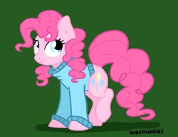 Size: 1000x768 | Tagged: safe, artist:cobracookies, character:pinkie pie, alternate hairstyle, clothing, cute, diapinkes, female, green background, pigtails, simple background, solo, sweater