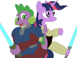 Size: 800x600 | Tagged: safe, artist:lycanianspike, character:spike, character:twilight sparkle, species:dragon, species:pony, species:unicorn, anakin skywalker, claws, crossover, energy weapon, fangs, female, hooves, horn, jedi, lightsaber, male, mare, obi-wan kenobi, open mouth, simple background, star wars, transparent background, weapon