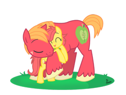 Size: 800x606 | Tagged: safe, artist:thephoebster, character:big mcintosh, oc, oc:suncrisp, parent:big macintosh, parent:fluttershy, parents:fluttermac, species:earth pony, species:pony, father and daughter, filly, hug, male, offspring, stallion