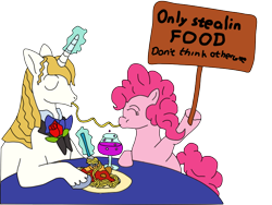 Size: 800x600 | Tagged: safe, artist:lycanianspike, character:pinkie pie, character:prince blueblood, blueabuse, noodles, pasta, spaghetti, table