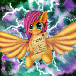 Size: 2000x2000 | Tagged: safe, artist:el42, artist:eltaile, character:fluttershy, female, laurel wreath, lightning, manowar, solo, song reference