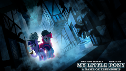 Size: 1920x1080 | Tagged: safe, artist:m24designs, character:pinkie pie, character:twilight sparkle, species:earth pony, species:pony, species:unicorn, g4, alley, bubble pipe, clothing, crossover, detective, female, hat, mare, sherlock holmes, wallpaper