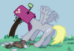 Size: 1171x810 | Tagged: safe, artist:blackfeathr, character:cheerilee, character:derpy hooves, species:pegasus, species:pony, derp, female, mailbox, mare, solo, stuck