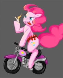Size: 700x859 | Tagged: safe, artist:diasfox, character:pinkie pie, species:earth pony, species:pony, g4, dynamite, female, fire, lighter, mare, motorcycle, mouth hold, pyro, pyropinkie, riding, simple background, solo, this will end in tears