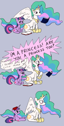 Size: 512x998 | Tagged: safe, artist:tifu, character:princess celestia, character:twilight sparkle, character:twilight sparkle (unicorn), species:alicorn, species:pony, species:unicorn, blushing, butt touch, comic, cute, cutie mark, duo, embarrassed, ethereal mane, female, gray background, i'm a princess are you a princess too?, mare, poking, simple background, sitting, sunbutt, toylestia