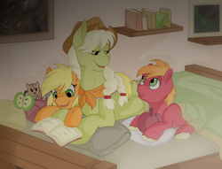 Size: 3430x2617 | Tagged: safe, artist:llacky, character:applejack, character:big mcintosh, character:granny smith, species:earth pony, species:pony, bed, bedroom, book, clothing, colt, cowboy hat, filly, hat, heartwarming, male, origins, reading, squirrel, stallion, stetson, younger