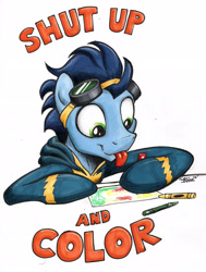 Size: 2378x3144 | Tagged: safe, artist:mattings, character:soarin', coloring, crayons, cute, drawing, goggles, male, soarinbetes, solo, tongue out, wonderbolts uniform