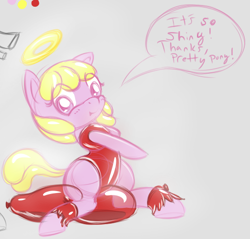 Size: 522x499 | Tagged: safe, artist:retl, oc, oc only, oc:puppysmiles, species:earth pony, species:pony, fallout equestria, balloon, balloon fetish, balloon popping, balloon sitting, comic, cute, fallout equestria: pink eyes, fanfic, fanfic art, female, filly, foal, fun, gray background, hooves, latex, leotard, riding, rubber, shiny, simple background, solo