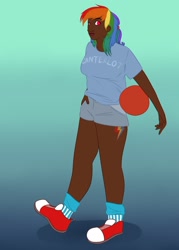 Size: 755x1057 | Tagged: safe, artist:bellalysewinchester, character:rainbow dash, species:human, ball, breasts, chubby, clothing, converse, dark skin, female, humanized, shoes, solo