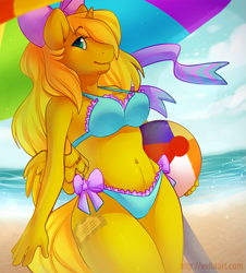 Size: 905x1000 | Tagged: safe, artist:vella, oc, oc only, oc:ticket, species:alicorn, species:anthro, species:pony, alicorn oc, anthro oc, beach, beach ball, belly button, bicolor swimsuit, bikini, blue swimsuit, bow, bow swimsuit, clothing, frilled swimsuit, midriff, solo, swimsuit, umbrella