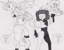 Size: 817x634 | Tagged: safe, artist:gojira007, character:princess cadance, character:shining armor, amethyst (steven universe), crossover, epic wife tossing, fastball special, garnet (steven universe), monochrome, steven universe, traditional art