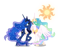 Size: 7600x6100 | Tagged: safe, artist:jordila-forge, character:princess celestia, character:princess luna, species:alicorn, species:pony, absurd resolution, crescent moon, cutie mark, duo, ethereal mane, female, galaxy mane, hug, mare, moon, older, raised hoof, royal sisters, side hug, simple background, sisters, smiling, spread wings, sun, transparent background, ultimate luna, wings