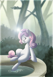 Size: 1024x1478 | Tagged: safe, artist:hecatehell, character:sweetie belle, species:pony, species:unicorn, g4, blank flank, eyes closed, female, filly, fountain, fountain of youth, magic, solo, tree, water