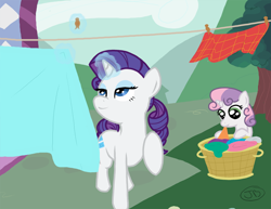 Size: 1000x773 | Tagged: safe, artist:the-kinetic, character:rarity, character:sweetie belle, species:pony, species:unicorn, g4, basket, clothes line, female, filly, laundry, mare, mouth hold, ponytail