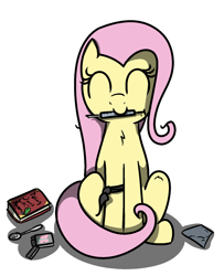 Size: 1300x1600 | Tagged: safe, artist:kippzu, character:fluttershy, oc, oc:anon, species:pony, cute, drawthread, drugs, female, heroin, mare, mouth hold, shitposting, shyabetes, sitting, solo, syringe, this will end in tears
