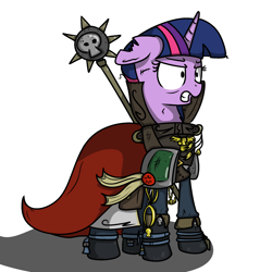 Size: 2000x2000 | Tagged: safe, artist:kippzu, character:twilight sparkle, character:twilight sparkle (unicorn), species:pony, species:unicorn, cape, clothing, crossover, female, gregor eisenhorn, inquisition, inquisitor, mare, purity seal, scar, simple background, solo, torn ear, warhammer (game), warhammer 40k, weapon, white background