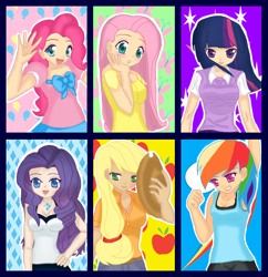 Size: 696x719 | Tagged: safe, artist:danteskitten, character:applejack, character:fluttershy, character:pinkie pie, character:rainbow dash, character:rarity, character:twilight sparkle, cleavage, clothing, dress, female, humanized, mane six, skirt, tank top
