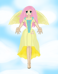 Size: 900x1150 | Tagged: dead source, safe, artist:danteskitten, character:fluttershy, species:human, barefoot, breasts, cleavage, clothing, cloud, dress, feet, female, flying, humanized, looking at you, skinny, sky, smiling, solo, spread wings, winged humanization, wings