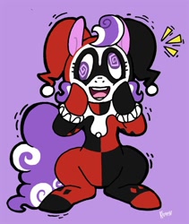 Size: 546x648 | Tagged: safe, artist:kiguren, character:screwball, :d, batman, clothing, costume, crossover, dc comics, derp, female, harley quinn, open mouth, parody, shivering, sitting, smiling, solo, squishy cheeks, swirly eyes