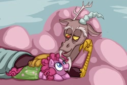 Size: 1139x763 | Tagged: safe, artist:donnyfate, artist:maxtaka, character:discord, character:pinkie pie, ship:discopie, blanket, cloud, cotton candy cloud, shipping